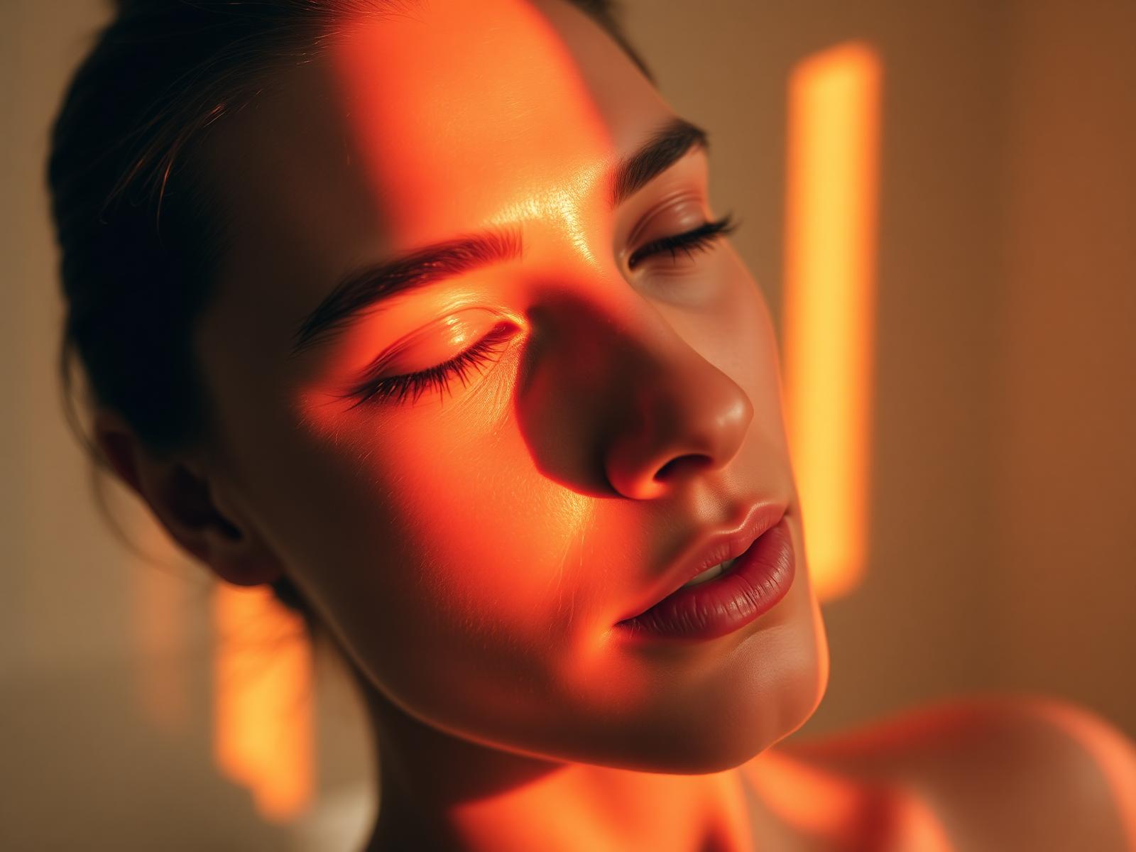 Skin glowing under warm red light therapy